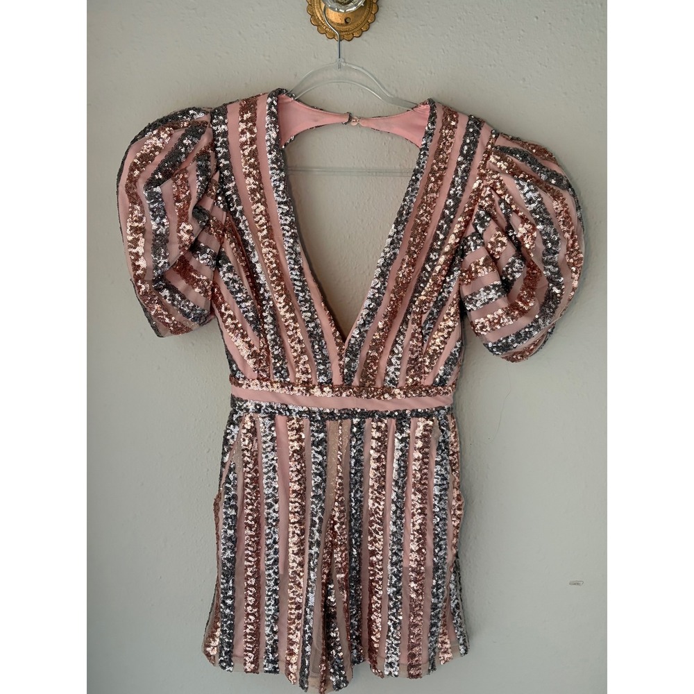 Karlie Sequin Striped Puff Sleeve Romper Size M Blush Rose Gold Silver Party